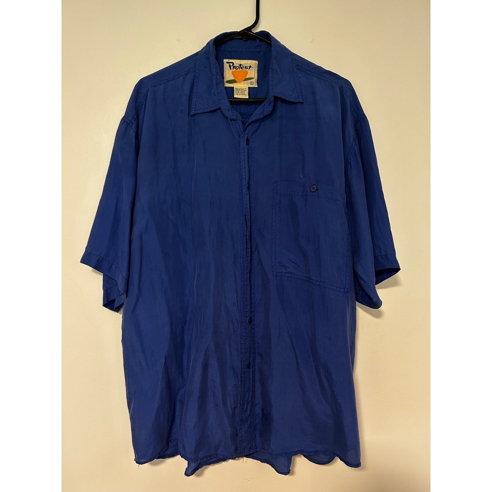 Protest Mens 100% Silk Short Sleeve Button Down Shirt Royal Blue Small Relaxed